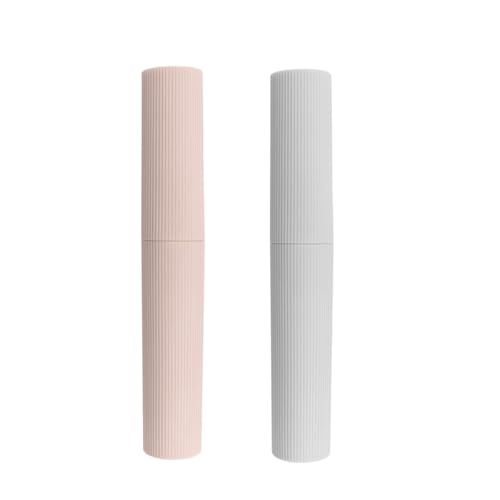 Kit 2 Porta Escovas Canelado Portátil para Viagem Escola e Trabalho Cor Pastel Rosa e Cinza Compacto Para Bolsas Mochila Mala Com Tampa Premium