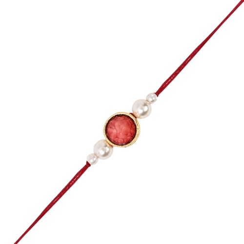 Image of I Jewels Designer Kundan Pearl beaded Bhaiya Bhabhi Lumba Rakhi Bracelet Combo Set With Roli Chawal & Rakshabandhan Greeting Card