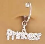 Fake Belly Navel Non Clip on Piercing Cz paved Princess word Dangle Ring
