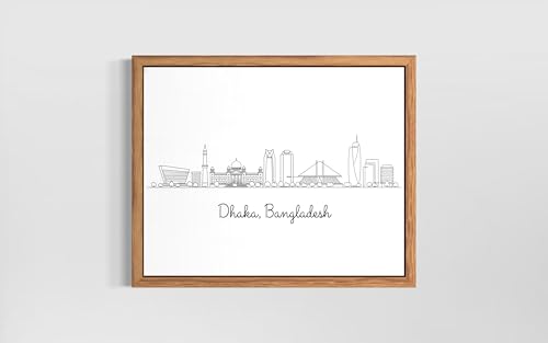 Dhaka, Bangladesh Poster Print Wall Art -Modern City Skyline Landmarks - Line Drawing - Sketch Minimalist Art Room B35 (Dhaka, Bangladesh, 20" L x 16" W, Wood Frame)