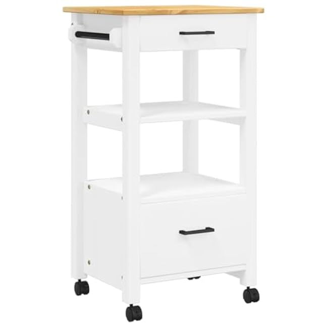 Enhance Kitchen Storage with Wooden Trolley, Durable Pine Construction, 2 Drawers & Wheels for Easy Mobility, White and Wax-cQwOVBEn
