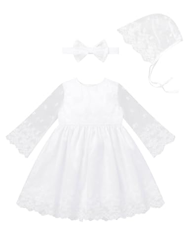 Infant Girl White Baptism Christening Outfits with Bonnet Flower Girl Wedding Dress Newborn Sheer Sleeve Blessing Gown