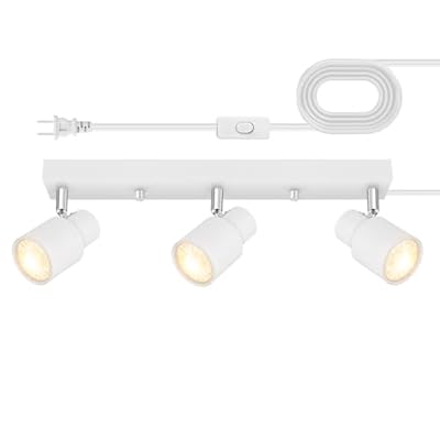 Plug-in Track Lighting LED, Track Light Fixtures Ceiling, White 3-Light Ceiling Lights for Kitchen, 3 Way Spotlight with Cord, Rotatable Wall Mount Light Head for Bedroom Hallway, Bulb Not Included