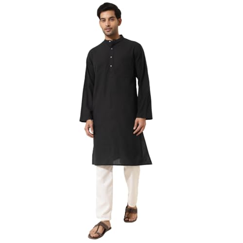 Fabindia Men's Cotton Woven Relaxed Kurta (1037837Black_Black