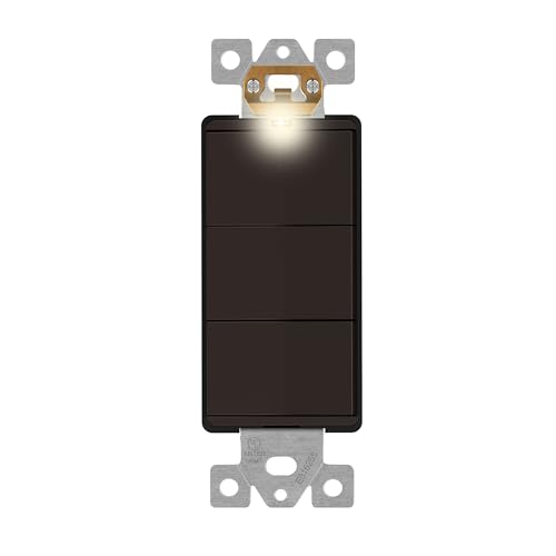 Image of LIDER Minimalist Design Lighted Triple Switch, Combination Frameless Decorator Switch with Locator Light, Ground Terminal, Single Pole, 15A 120-277V, UL Listed, Thermoplastic, Matte Brown, 1-Pack
