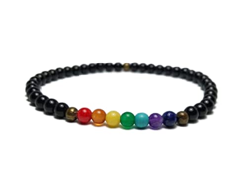 Bracelet 7 chakras et spinelle noire LKBEADS perles rondes 4mm extensibles pour homme et femme