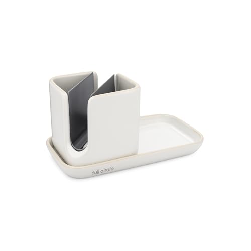 Image of Full Circle Stash, Ceramic Kitchen Sink Caddy, Stylish Sponge Holder & Dish Brush Organizer, Easy to Clean, Dishwasher Safe, Rustproof, White and Gray
