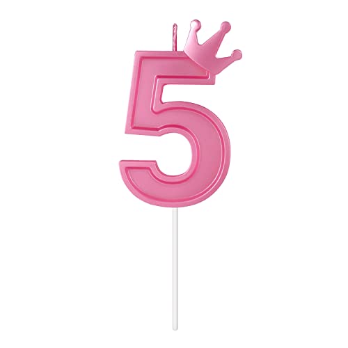 7,8cm Velas Números Cumpleaños, 3D Velas Cumpleaños Numeros con Decoración de Corona Grande Decoración para Tartas Velas Numeros para Cumpleaños Boda Aniversario Graduación Fiesta (Rosa, 5)