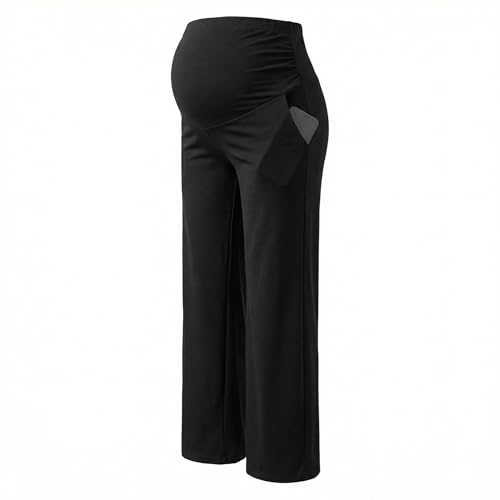Zidoley Pantalones de Maternidad de Pierna Ancha para Mujer, Cómodos Pantalones de Maternidad de Estilo Casual Palazzo Suaves con Bolsillos (Corte Recto, XL, Negro)