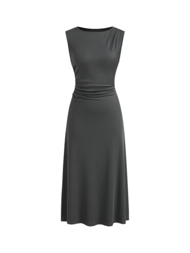CIDER Womens Summer Dresses Sleeveless Semi Formal Midi Dress Boat Neck Ruched A Line Split Elegant Dress