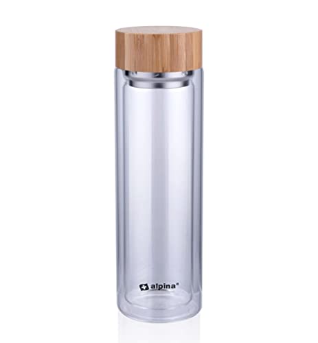 alpina Trinkflasche aus Glas mit Filter - Wasserflasche Doppelwandig 450 ml - Trinkflasche Bambuskappe und -Deckel - Teeflasche mit Teefilter