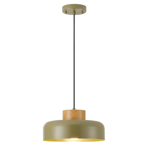 Mid-Century Modern Pendant Light,12.6" Natural Wood & Olive Green Metal