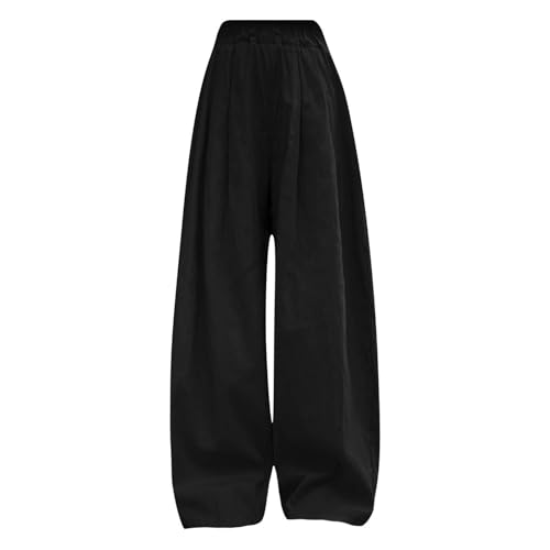 Girls Wide Leg Pants Flowy Palazzo Pants Teen Baggy Sweatpants Loose Fit Linen Elastic Waist Trousers (Black, 7-8 Years)