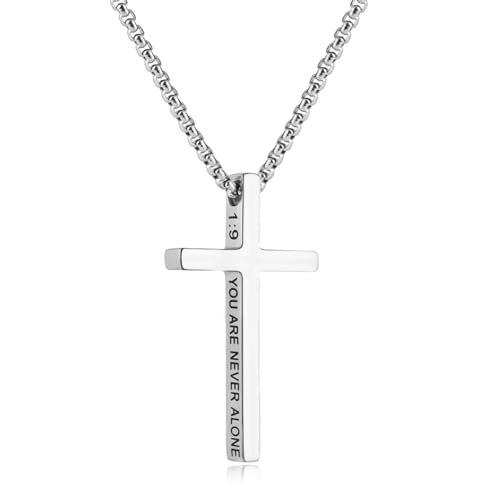 Pivza Cross Chain Necklace for Men, Silver Stainless Steel Bible Verse Cross Necklace for Men, Christian Crucifix Necklace Men Jewelry (DB-JOSHUA 1:9, Silver)