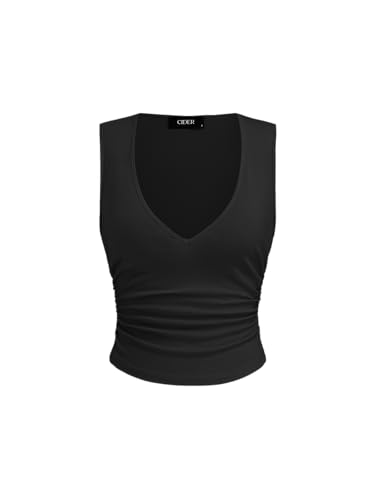 CIDER Women Tank Tops V Neck Ruched Sleeveless Basic Going Out Cotton Blend Slim Fit Top