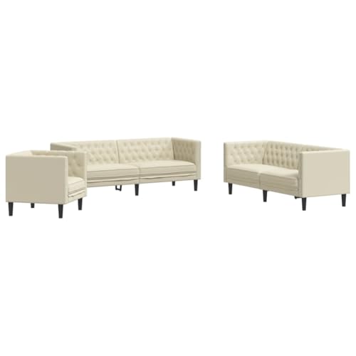 vidaXL Chesterfield Sofa Set 3-TLG., Sofagarnitur mit Kissen, Sitzgruppe für Wohnzimmer, Polstersofa Couch Sessel, Creme Kunstleder