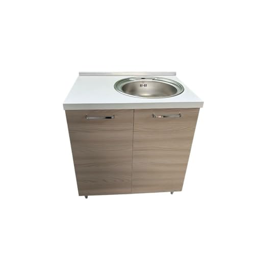 DESIGN: Mobile moderno con ante in finitura olmo e piano top bianco, dotato di maniglie cromate per un look elegante