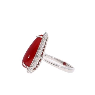 Pt900 プラチナ 血赤 珊瑚 ペアシェイプ しずく ダイヤ リング 11号(RP-9906)