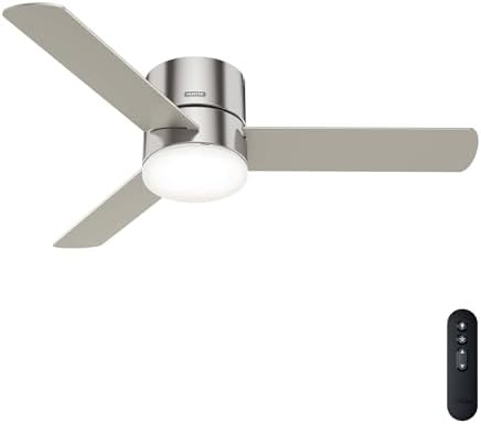 Hunter 52 inch Indoor Ceiling Fan with Light and Remote Control - For Bedroom or Living Room, Low Profile Mount, Modern Ceiling Fan with LED Light, Quiet, 3 Blades - Minimus 51431, Brushed Nickel