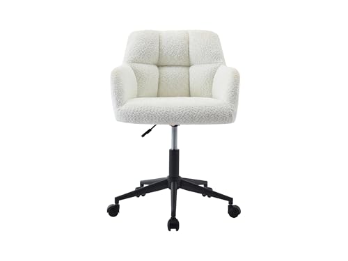 Image of Finch Fox Battle Modern 360 Swivel Mid-Back Armrest Boucle Fabric Study Upholstered Black Metal Powder Coated Base Study Computer Office Desk Chair in White Color