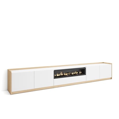 Skraut Home | Mueble TV | Muebles de salón, almacenaje | 310x50x37 cm | para televisión hasta 80' | Chimenea eléctrica | Estilo Moderno | Blanco y Roble Soft