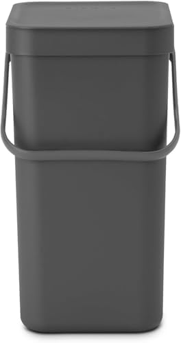 Brabantia Sort & Go Recycling Trash Can 3.2 Gallons (12L)(Gray), Space-Efficient Plastic Garbage Can with Handle, Removable and Stay-Open Lid, Easy to Clean Kitchen Bin Without Nooks and Rims