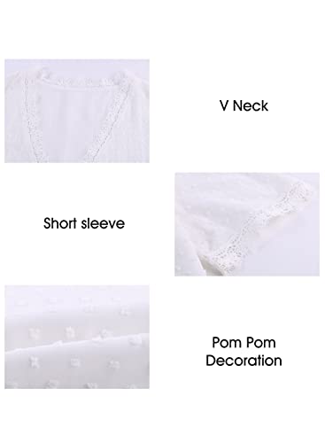 Astylish Womens Sexy Lace V Neck Tops Casual Short Sleeve Jacquard Pom Pom Shirt Blouses White Large #TOP3