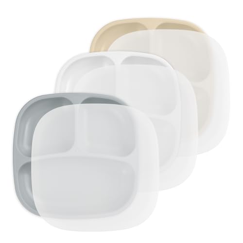 Image of Re-Play Toddler Plates with Dividers - Deep-Walled 3 Compartments Divided Plates for Kids with 3 Lids - Dishwasher & Microwave Safe - Made in USA - Set of 3-7.37" x 7.37" x 1.25" - Seashell