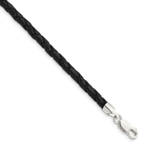 925 Sterling Silver 4mm Black Cord Leather Braided Necklace 16