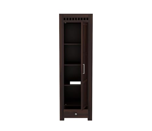 Image of Sheesham Wood Wooden Single Door Wardrobe Organizer for Clothes | - Solid Wood Almirah with 1 Drawers, 4 Shelves - Cupboard for Large Bedroom, Walnut Finish