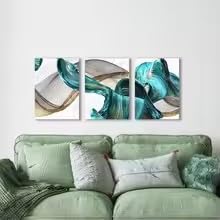 KEMEIQI 2D Flat, 2D Flat 3 pezzi UnRuly Poster ad acquerello di dipinto su tela blu con nastro dorato verde Arte moderna da parete Foto (80x160cmx3/Senza cornice)