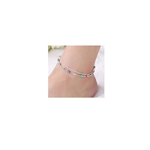 DeScount Silver Plated Double Layered Multi-Colored Evil Eye Anklet Friendship Foot Chain Ankle Bracelet for Women