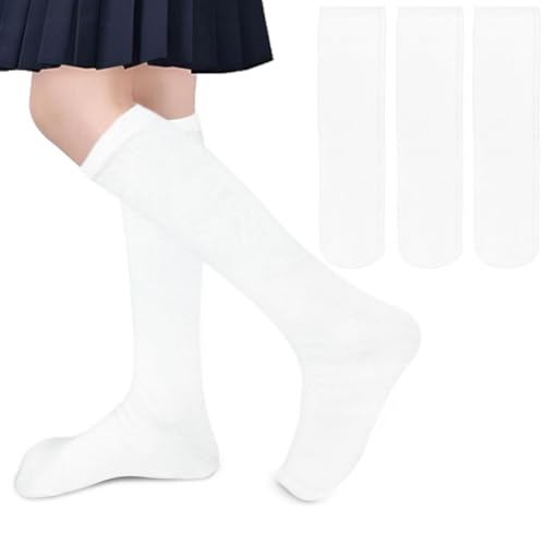 ZERULETS 3 Paare Baumwolle Mädchen Kniestrümpfe Knielang Socken, Schwarz...