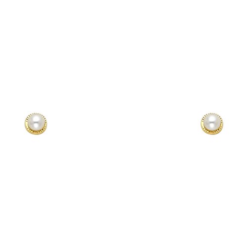 14k Yellow Gold 3mm Freshwater Cultured Pearl Diamond Cut Round Stud Earrings with Screw Back2