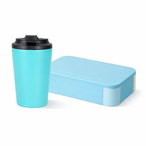 Image of YELONA Lunch Box + Tumbler Combo for Office & School | BPA Free Leakproof Bento Lunch Box with Compartments | 350ml Stainless Steel Insulated Coffee Mug - Sky Blue
