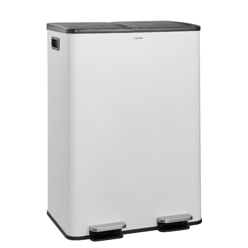 CASABEL Cubo de Basura Selectiva 60L - 2 x 30 Litros, Compartimentos Dobles 2x30L, Acero Inoxidable Blanco, Papelera de Reciclaje de Pedal Rectangular, Anti Trazas, Anti Olores, Empresa Francesa