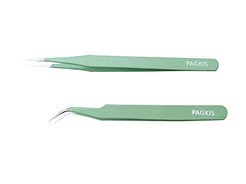 PagKis ESD Safe Anti-Static Tweezers (Green, Pack of 2, Straight & Curved Pointed)