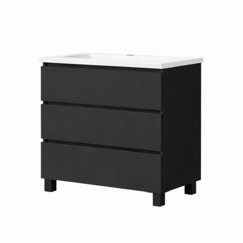 Baikal Mueble de Baño REN. Mueble MONTADO. 3 Cajones con Patas Negras. Armario de Baño. Lavabo Ceramico. Cierre Amortiguado. Altura 75cm. 80cm Negro.