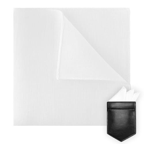 VICHERIA Linen Pocket Squares for Men with Leather Holder 10x10 Inch Prefolded Mens Handkerchief to maintain shape White Pocket Squares for Wedding Suit Formal Occasions (White)