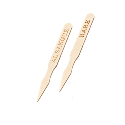 250 pz Stecchini per carne in legno di betulla biodegradabili sterilizzati, spiedini legno con scritta COTTURA AL SANGUE, MEDIA, BEN COTTA 9 cm AL SANGUE