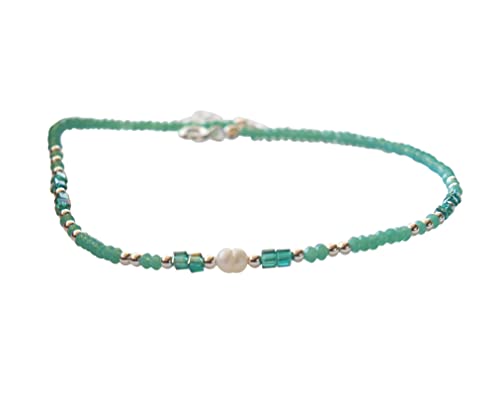 925 Sterling Silver Glass Beaded & Pearl Anklet For Women, Length 9-10 Inches - Adjustable Small Dainty Turquoise Color Beads Ankel Bracelet | Handmade By Miya Jewelry Creations #TOP1