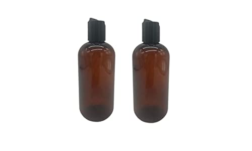 Natural Farms 8 oz Plastic Amber Boston BPA FREE Bottles - 2 Pack Empty Refillable Containers - Essential Oils - Aromatherapy - Black Smooth Disc Cap - Made in the USA