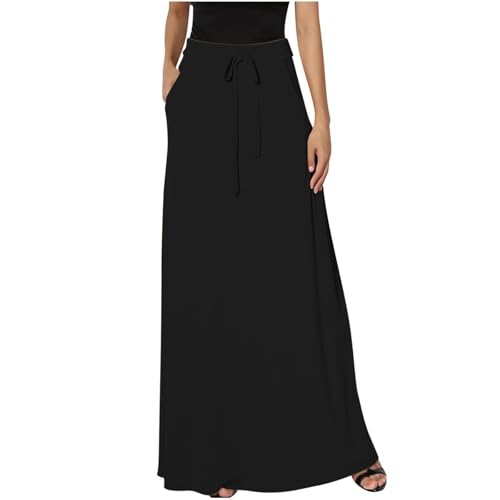 Womens Maxi Skirt Elastic Basic Solid Tie Dye Foldable High Waisted Midi Length Plus Size A-Line Skirts with Pockets(Black,3X-Large)