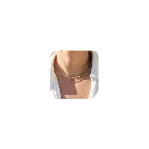 CONRAN KREMIX Waterproof Gold Plated Herringbone Chain Stack Necklaces for Women,Non Tarnish Thin Rope Chain Dainty Stainless Steel Layered Necklace Set for Women Gifts Jewelry