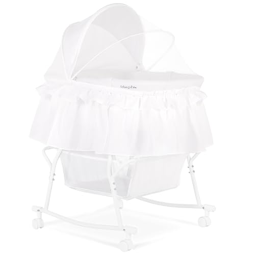 Image of Dream On Me Lacy Portable 2-in-1 Bassinet & Cradle with Full Canopy, Storage Basket, Locking Wheels, Lightweight Frame, BSA Certified, Includes 1” Mattress Pad - White