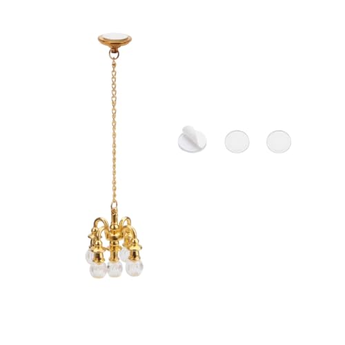 Dollhouse Miniature Chandelier 1:12 Scale Chrystaline Chandelier Pendant 5 Head Hanging Ceiling Light Luxury Decoration Ceiling Lamp Dollhouse Accessories (Golden)