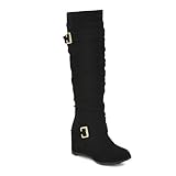 Obermaterial: Wildleder WOkismD Kniehohe Stiefel mit Keilabsatz für Damen, Gürtelschnallen, Keilabsatz, Lange Herbststiefel, Schlupfschuhe aus Wildleder mit runder Zehenpartie,Schwarz,36