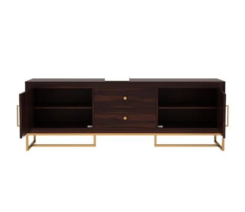 Image of Premium Solid Sheesham Wood TV Unit with 2 Drawers, 4 Shelves, and 2-Door Storage - Accommodates up to 65-Inch TV - Ideal for Living Room (Asher, Walnut Finish)