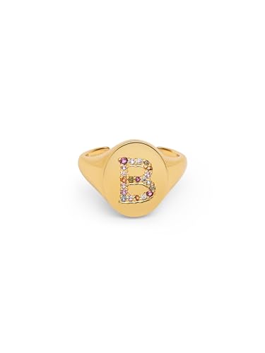 SINGULARU - Anillo Personalizado Signet Letter Colors. Ajustable. Latón con Acabado Baño de Oro de 18 Kt. Talla Unica. Joyas para Mujer. Letra B