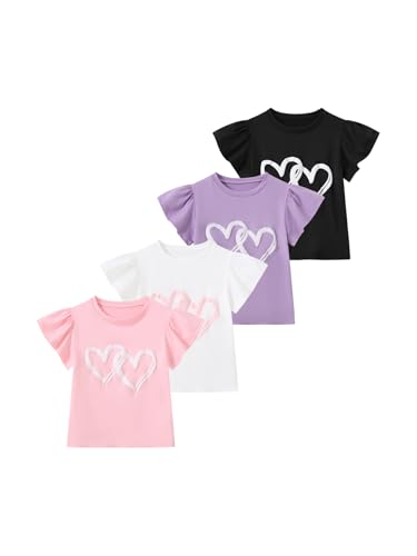 Image of Girls 4 Packs Tees Ruffle Short Sleeve T-Shirt Ribbed Knit Casual Summer Tunic Tops 4-12 Years